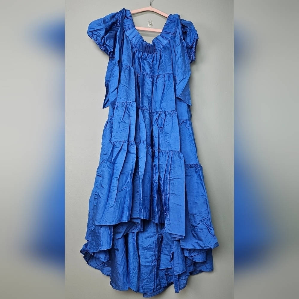 By Anthropologie Women's Off-The-Shoulder Tiered High-Low Midi Dress, Blue, XS - Picture 7 of 16